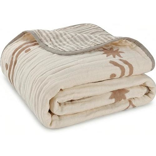 Ultra Soft Muslin Baby Blanket - Made with Organic Cotton, Reversible Rainbow Print & Coffee Striped Jacquard, Swaddle & Crib Quilt, 43x43 Inches (Rainbow Border)