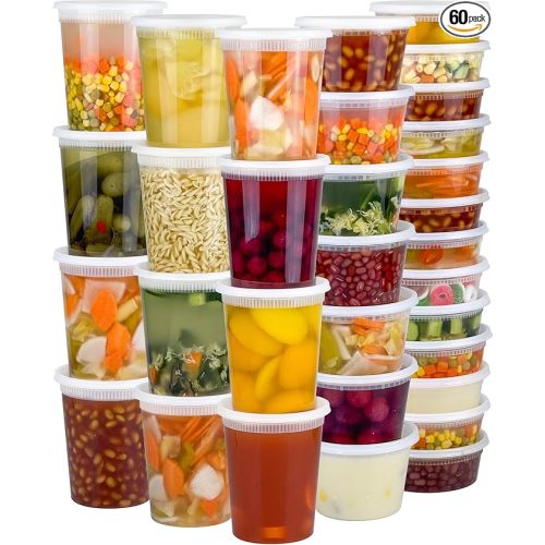 60 Sets (120-Piece) Deli Containers with Lids, 32/16/8 oz X 20 Set Each, Leak-Proof & BPA Free Airtight Takeout Plastic Food Storage Containers for Soup, Freezer/Microwave/Dishwasher Safe