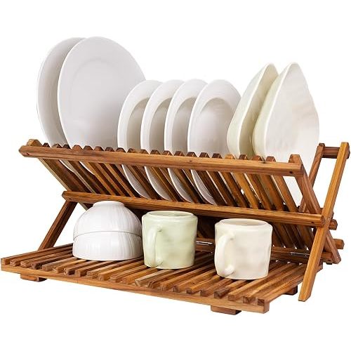 Utoplike Large Teak Dish Drying Rack, Wood Collapsible Organizer for Plates