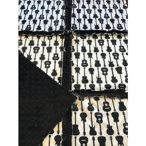 Guitar baby blanket, minky rag quilt, rocker, rock and roll music, black and white, rock star, soft new baby gift, handmade, boy toddler