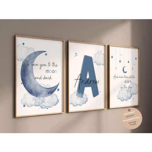 Moon Stars cloud Nursery, Nursery wall art print, boy nursery decor, Personalized name nursery, baby boy nursery decor, Navy blue nursery