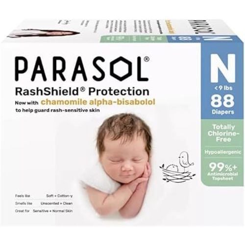 Parasol Chlorine‑Free Newborn Baby Diapers with Rash Protection, Hypoallergenic, Wetness Indicator, Tear‑Away Sides – Size NB, 88 Count