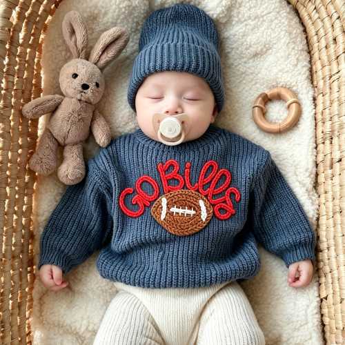 Hand Knit Football Sweater With Name, Personalized Baby Football Sweater, Custom Toddler Sweater, Name Baby Sweater, Game Day Outfit