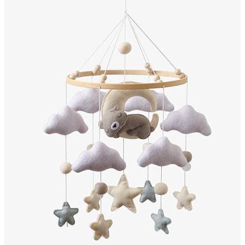 Moyii Baby Crib Mobile for Nursery - Handmade Felt Sleepy Bear on Moon Hanging Mobile - Gender Neutral Ceiling Decor for Boys Girls - Nordic Star Cloud - Newborn Baby Shower Gift