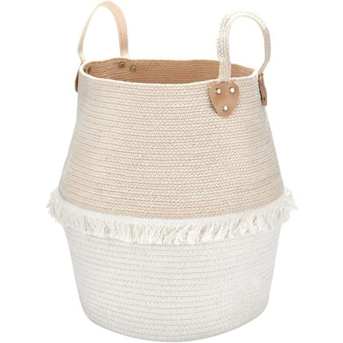 Rope Basket Woven Storage Basket - Laundry Basket Large 16 x 15 x 12 Inches Cotton Blanket Organizer, Baby Nursery Containers White Home Decor Gift