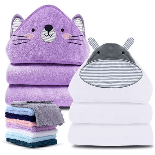 Cute Castle 2 Pack Hooded Baby Towel Rayon Made from Bamboo with 8 Washcloths - Soft Bath Towel for Bathtub for Babie, Newborn, Infant, Natural Baby Stuff Towel (Hippo and Cat)
