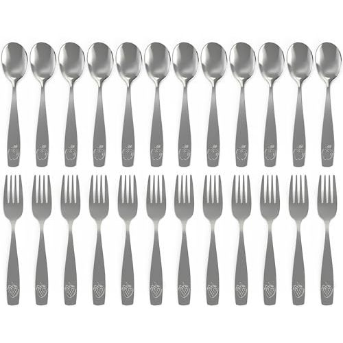 CHILLOUT LIFE Stainless Steel Kids Silverware Set 24 Pieces (2 Pack of 12) - Child and Toddler Safe Flatware - Kids Utensil Set - Metal Kids Cutlery Set (Includes 12 Small Kids Spoons & Kids 12 Forks)