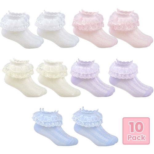 DIYMAG 10 Pairs Ruffle Socks for Toddler Girls, Macaron Colors Double Lace Socks for Skirts Match(S)