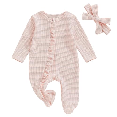 ZAXARRA Newborn Baby Girl Coming Home Outfit Solid Color Ruffle Long Sleeve Footies Romper Infant Fall Bow Headband Clothes