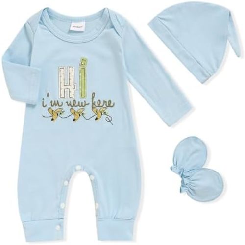 GRNSHTS Newborn Baby Boy Romper Coming Home Outfits Letter Print Bodysuit Jumpsuit+Hat+Gloves 3PCS Clothes Set