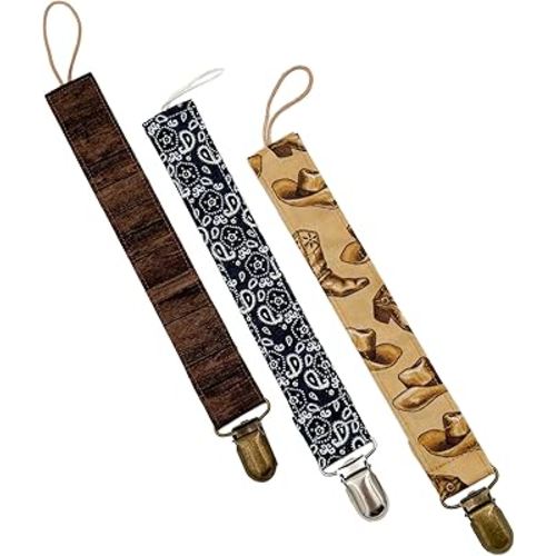 Western Cowboy Pack Of 3 Fabric Pacifier Clip Holder for Infant Baby Boy And Girl, Universal Fit for Binky, Soothers and Teethers