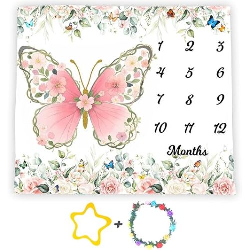 SSCSTS Butterfly Floral Theme Baby Monthly Milestone Blanket, Pink, 48x40in