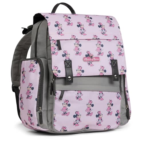 Disney Diaper Bag Backpack with Changing Pad Minnie Mouse – 16” Nylon Baby Bag for Parents, Insulated Bottle Holders, Multiple Storage Pockets