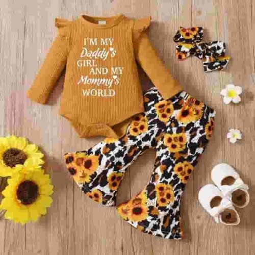 PatPat Baby Girls Romper Flare Pants Outfit Set,3pcs Letter Embroidered Long Sleeve Jumpsuit and Sunflower Floral Bell Bell-Bottom Pants Leggings Headband Infant Fall Clothes,0-18Month