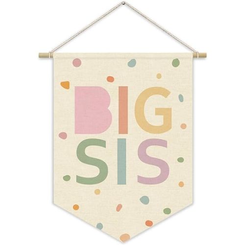 Big Sister Canvas Banner Pink Girl Nursery Decor,Sisters Bedroom Playroom Wall Art Decorations,Boho Twin Room Sign,Big Sis Lil Sis,Two Baby Kids Room Sibling Wall Hanging Pennant Flag Banner