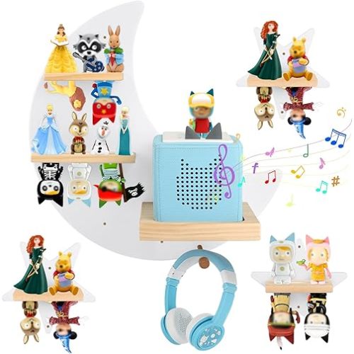 for Tonies Box Organizer Storage Shelf Wall Mounted, Magnetic Floating Shelves for Toniebox 1/2 Player, Tonies Characters, Earphones, Display Collection 20~30 Characters (White)