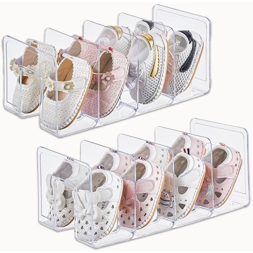 Clear Acrylic Kids Shoe Rack for Closet Organizers and Storage | 2 Pack Small Shoe Rack 4 Sections Toddler Baby Shoe Storage Organizer Stackable Shoe Shelf, Desk File Sorter Book Purse Organizer