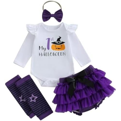 My First Halloween Baby Girl Outfit Newborn Letter Print Long Sleeve Romper Tutu Skirt Leg Warmers Headband 4Pcs Sets