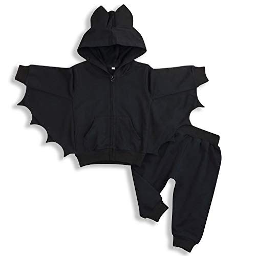 YOUNGER TREE Toddler Baby Girls Boys Halloween Outfit Black Bat Hoodies Set | Zipper Coat with Pocket, Fall Winter Clothes, 2 Pieces Pant Set, Cute Long Sleeve Outwear Clothing