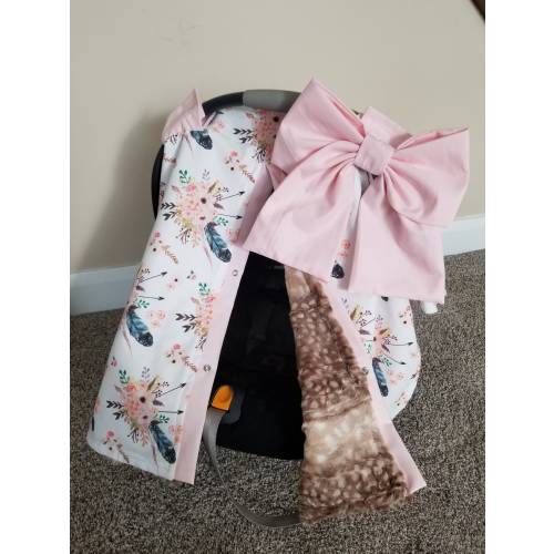 Feather Floral and Fawn Fur Carseat Cover, Baby Shower Gift, Baby Girl Car Seat Canopy, Personalized Gift