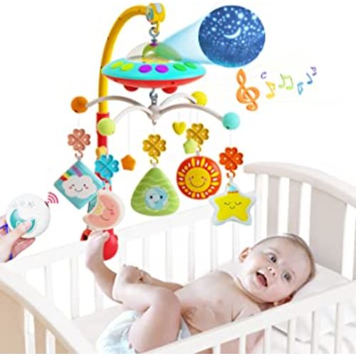 Eners Baby Crib Mobile with Music and Lights, Mobile for Crib with Remote Control, Rotation, Moon and Star Projection, Baby Crib Toys for Boys Girls (Red)