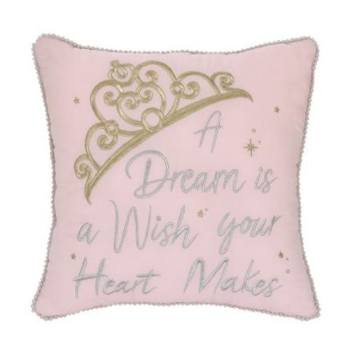 NoJo Disney Princess Enchanting Dreams Pink and Gold Embroidered Tiara Decorative Pillow with White Pom Pom Trim