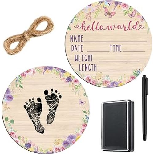 Thyle Baby Announcement Wooden Name Sign for Hospital Birth Double Sided Newborn Welcome Sign with Marker Pen and Ink Pad for Baby Shower Hand Footprints(Butterfly)