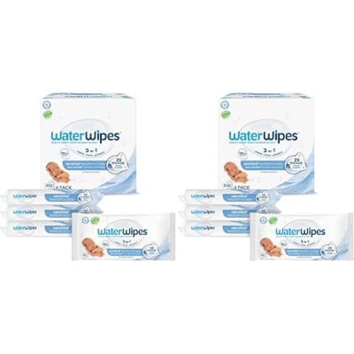 WaterWipes Plastic-Free Original Baby Wipes, 99.9% Water Based Wipes, Unscented & Hypoallergenic for Sensitive Skin, 240 Count (8 packs), Packaging May Vary