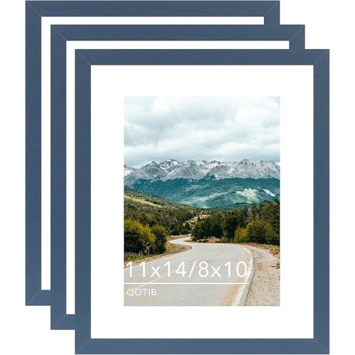 11x14 Picture Frame with 8x10 Mat Navy Blue, Display 8x10 with Mat or 11x14 Without Mat, Wood 11 by 14 Photo Frame, 11 x 14 Frame for Wall Hanging Display, Navy Blue, 3 Pack