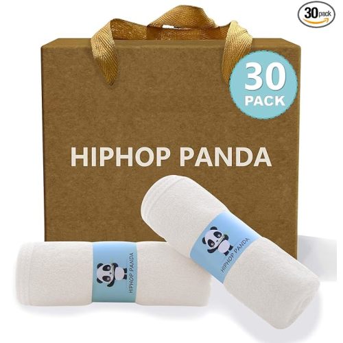 HIPHOP PANDA Baby Washcloths, Rayon Made from Bamboo - 2 Layer Ultra Soft Absorbent Newborn Bath Face Towel - Reusable Baby Wipes for Delicate Skin - Ivory, 30 Pack