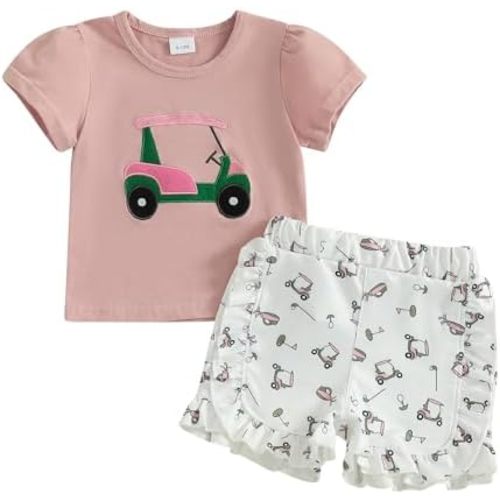 12-18 Mo Golf Summer Short Sleeves Crewneck Embroidery T Shirt + Elastic Plaid Shorts 2Pcs Outfits Set