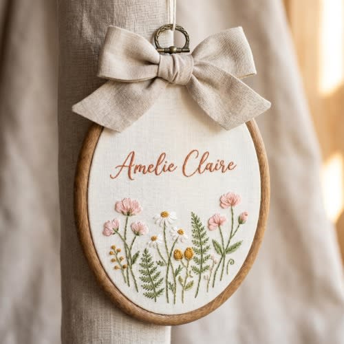 Custom Wildflower Name Sign, Hand Embroidered Floral Nursery Hoop, Personalized New Baby Keepsake, Boho Botanical Wall Art Gift