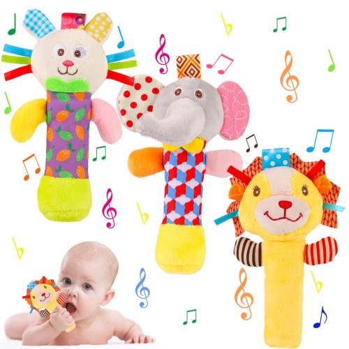 Kaboer Baby Rattle Toys, 3 Pcs Plush Animal Sensory Toys, Soft Non-Toxic for 0-6 Months Infant