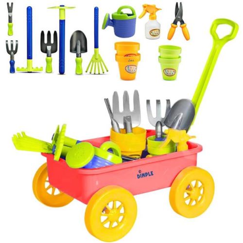 Dimple Kids Garden Wagon & Tools Toy Set - Red - 15pc Outdoor Gardening & Sand Play Set