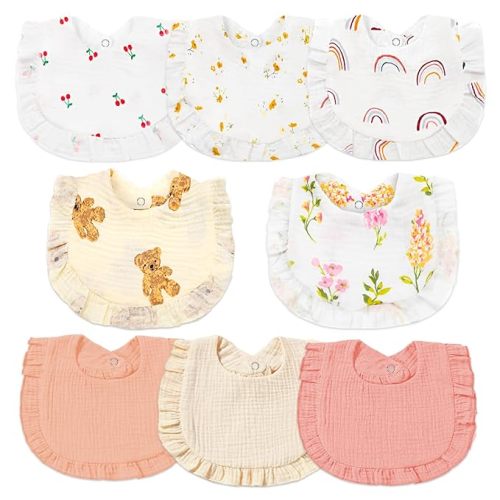 duludulu Muslin Baby Bibs for Baby Girls, Muslin Bibs Drool Bandana Bibs (Print white)