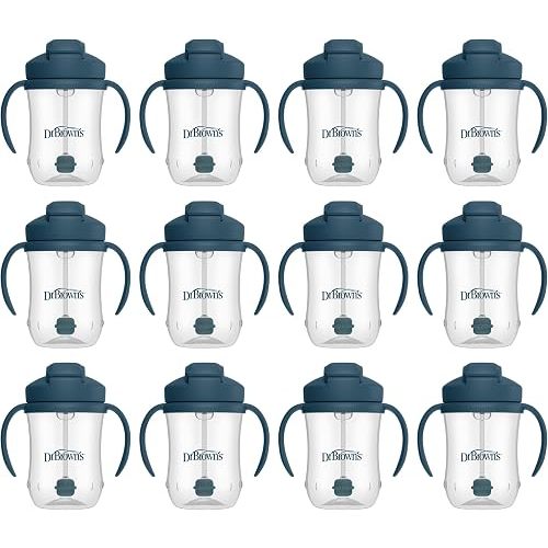Dr. Brown's Milestones Baby's First Straw Cup, Training Cup with Weighted Straw, 9 oz/270 mL, BPA-free, 6m+, Dark Blue, 12-Pack