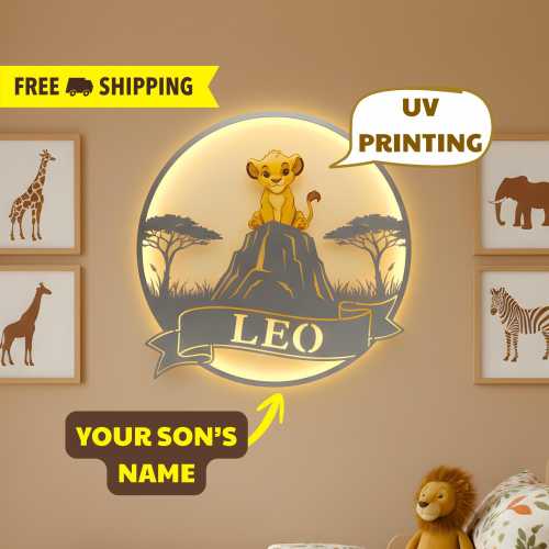 Personalized Lion King LED Night Light, Custom Name Simba Sign, Nursery Wall Decor for Boys, Girls, Baby Shower Gift, Pride Rock Lamp