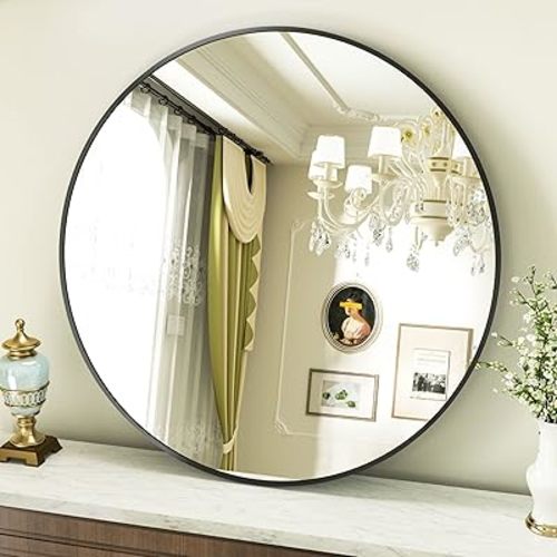 VooBang Round Mirror 28" Black Wall Mounted Circle Mirrors Vanity Mirror with Aluminum Alloy Frame Modern Decoration for Bathroom, Living Room, Vanity, Bedroom, Entryway
