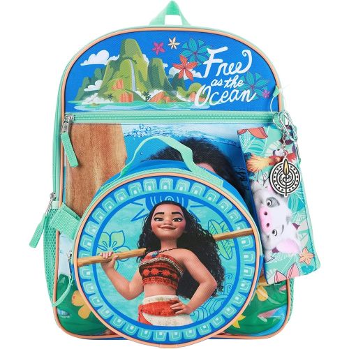 Disney Princess Moana Free as the Ocean Kids 16" Backpack and Lunch Bag 5 Piece Set