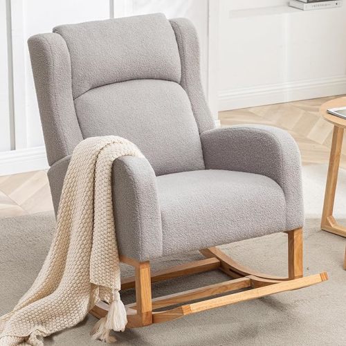 Rocking Chair Nursery, Nursing Rocking Chairs for Mom Nursery, Comfy Wingback Glider Rocking Armchair with Side Pocket for Nursery Living Room Bedroom (Teddy Grey, with Footrest)