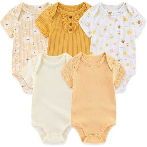 Newborn Baby Short Sleeve Bodysuit Cotton One-Piece Baby Clothes 5-Pack, 0-12 Months