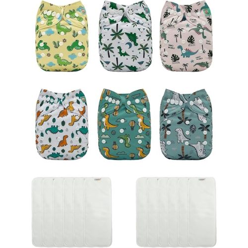 ALVABABY 6 Pack Cloth Diaper with 12 Inserts One Size Adjustable Washable Reusable Diaper Cover for Baby Girls and Boys Dinosaur