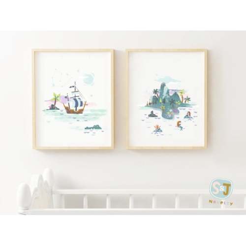 Exclusive Neverland Set of 2 Prints, Mermaid Lagoon, Pirate Ship, Peter Pan Nursery, Neverland Nursery Art, Captain Hook - Etsy