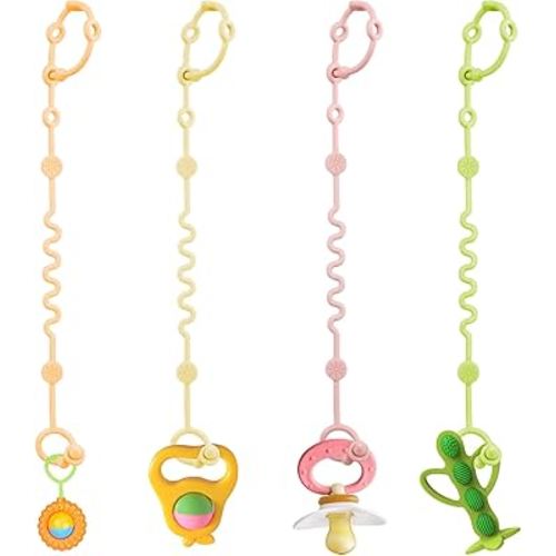 Toy Straps for Baby, Adjustable Toy Holder for Stroller Accessories, Silicone Tether Pacifier Clip, No Throw Travel Essential Leash for High Chair, Car Seat (4 Pack Macaron)