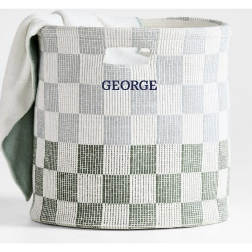 Personalized Hopscotch Mist Blue and Pine Green Checkerboard Large Floor Storage Bin