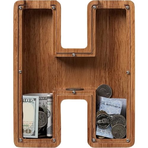 ladenk 12 Inch Extra Large Wooden Kids Letter Piggy Bank - Piggy Bank for Boys Girls - Initial H Bank - Alphabet Money Bank for Birthday