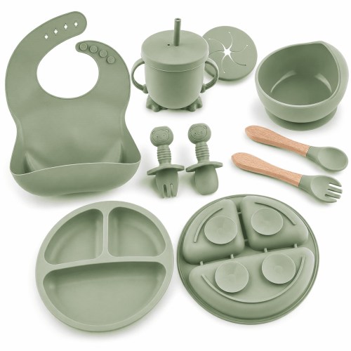 Silicone Baby Feeding Set,9 Pcs Baby Led Weaning Utensils,Baby Suction Bowl,Plates,Bib,Spoons Set,Sippy Cup with Straw,Baby Self Feeding Supplies Set