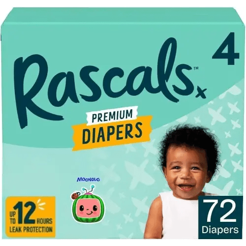 Rascals Premium Baby Diapers Size 4, 72 Count – Hypoallergenic, Ultra Absorbent, Leak-Proof, Fast-Dry Layer, High-Back Waistband, Unisex Disposable Diapers