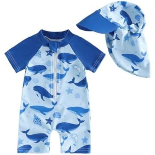 Summffie Toddler Baby Boy Rash Guard Swimsuit Long Sleeve Zipper One Piece Bathing Suit with Hat Infant Beach Swimwear