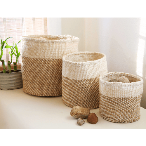 3 Handwoven Beige & Cream Sisal Nesting Baskets, Kenya, Fair Trade